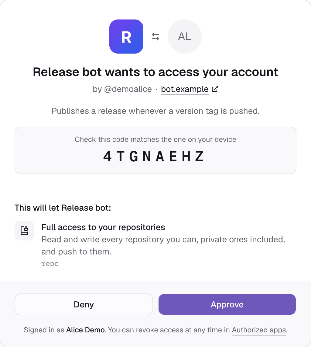 Ghost asking the person to approve a device request from Release bot