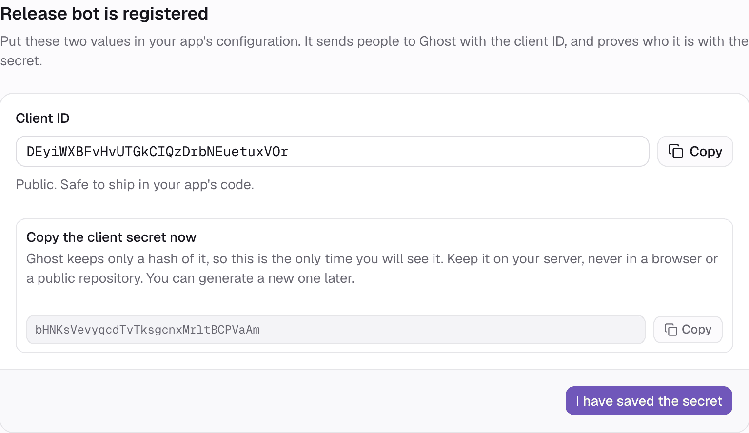 The registered app's client ID and client secret, with copy buttons