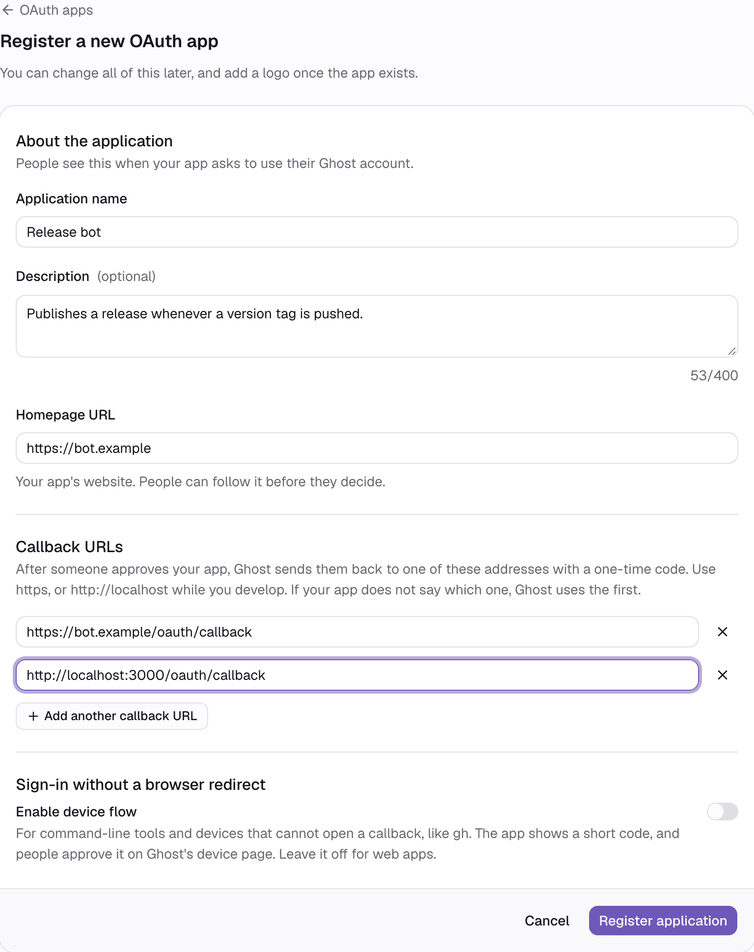 The form for registering a new OAuth app, filled in for an app named Release bot with two callback URLs