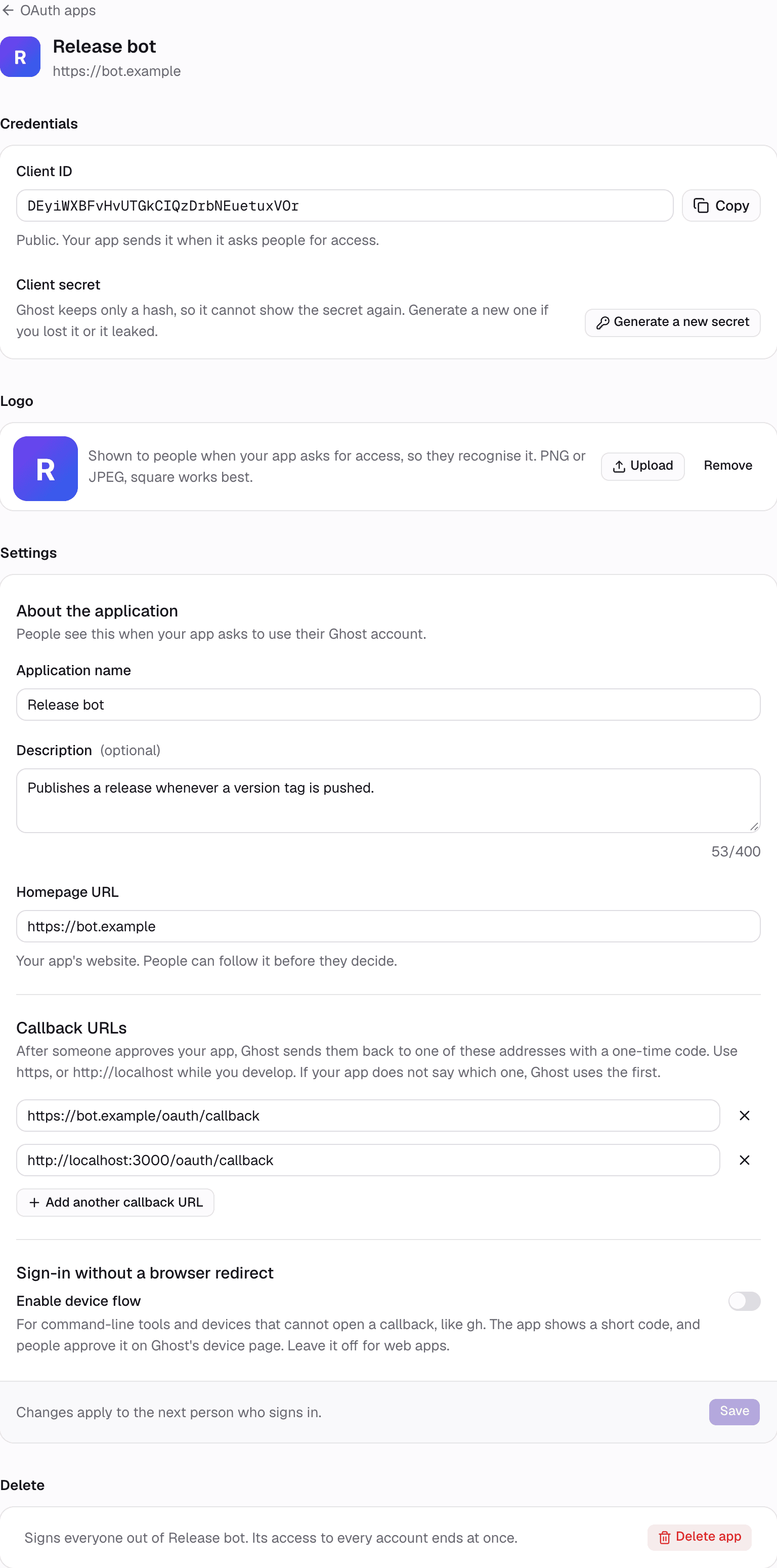 The settings page of the Release bot app: credentials, logo, settings and delete