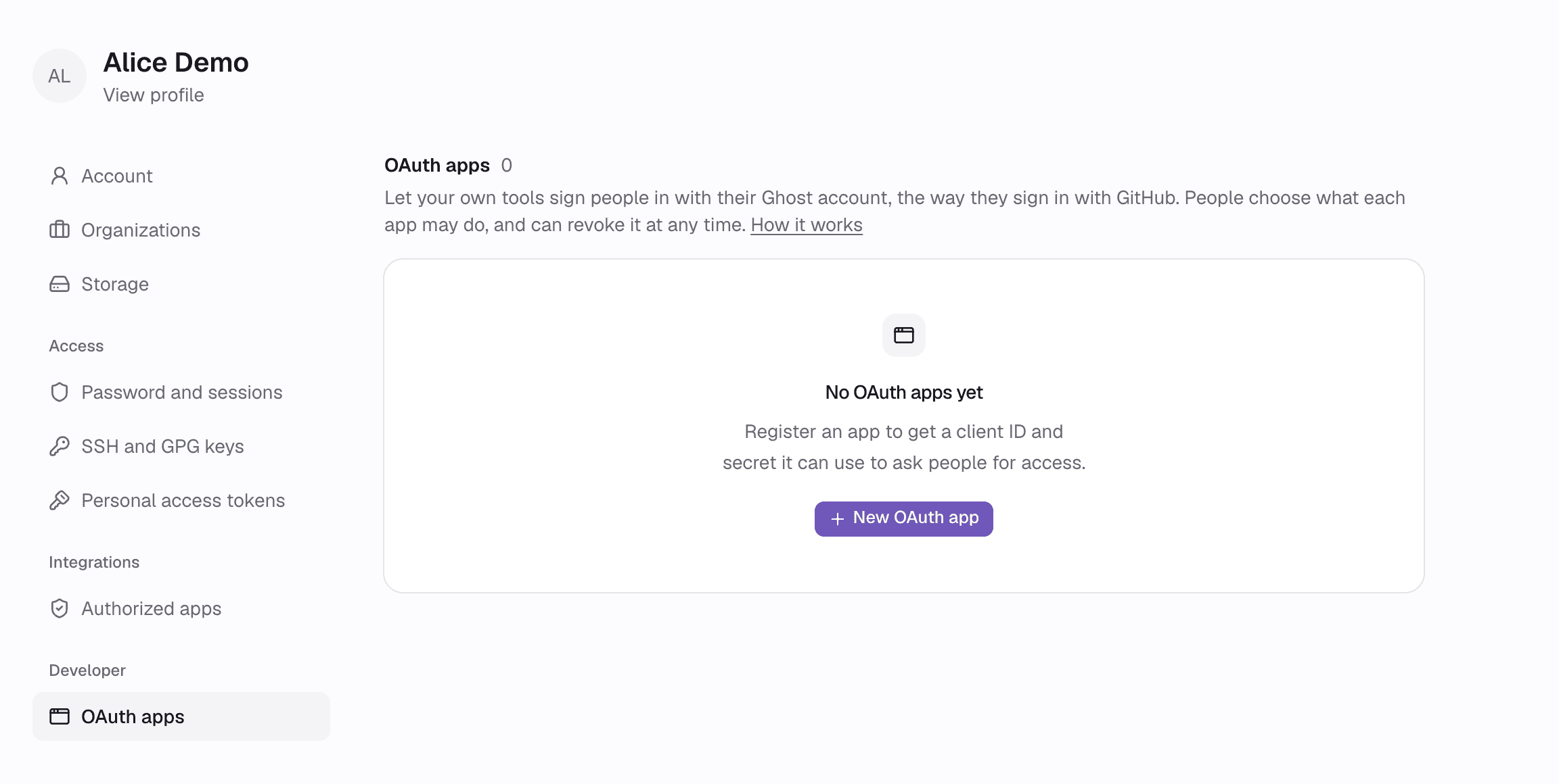 The OAuth apps page in settings, before any app is registered